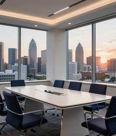 A high-end North American / US corporate office interior in Charlotte, North Carolina. The scene features a sleek conference table with silver accents, large windows overlooking the city skyline, and a warm glow of sunset lighting. The style is modern, professional, and luxurious, with a focus on clean lines and white and navy blue tones.