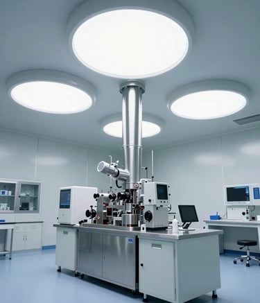 A wide-angle photography shot of a state-of-the-art sterile medical manufacturing cleanroom with bright Cloud White lighting and Silver metallic accents. The environment is sleek, modern, and conveys high-tech precision. Global / International setting.