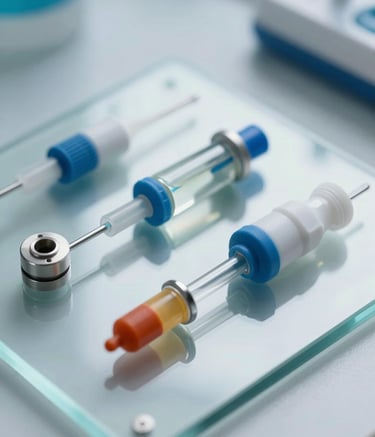 Macro photography of high-quality infusion set components resting on a polished glass surface. Soft studio lighting with Azure Blue and Cloud White highlights. Sharp focus on technical details, reflecting a sophisticated medical aesthetic. Global / International style.