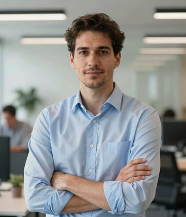 A professional portrait of a logistics consultant in a light blue shirt, standing in a bright, modern European office. He looks confident and approachable. The background is softly blurred with hints of a corporate environment.