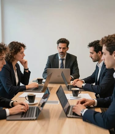 Professional lifestyle photography of a group of entrepreneurs in a modern meeting room in Barcelona, Spain. They are gathered around a table with laptops and coffee, appearing focused and empowered. Soft natural lighting, with a clean and sophisticated atmosphere.