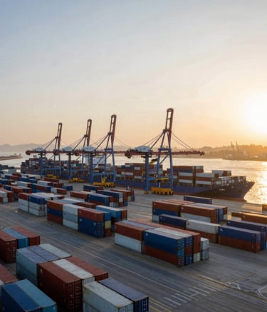 A wide-angle professional photograph of a bustling maritime shipping port in Spain at sunrise. Golden sunlight reflects off the water and neat rows of cargo containers. The scene conveys efficiency and high-level international logistics.