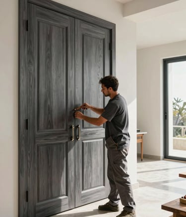 A wide-angle shot of a skilled carpenter in traditional work attire working in a modern Gulf villa interior. He is expertly fitting a large wooden door. The scene is bright with natural sunlight, highlighting the charcoal grey and muted brown wood textures, conveying reliability and expertise.