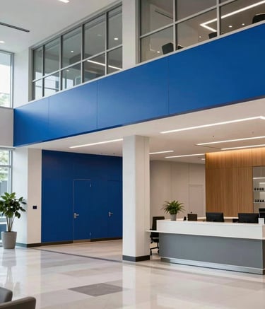Photography of a clean, modern commercial office lobby in Orlando, North American setting. High-end professional atmosphere with sharp focus on polished surfaces and streamlined interior design. Delft Blue and Platinum accents.