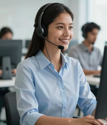 Photography of a smiling South American call center professional wearing a modern headset, working in a bright, organized office with light blue and white colors, embodying efficiency.