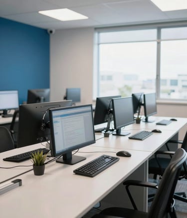 Wide shot of a modern, clean call center office in Brazil, featuring ergonomic desks with computers and headsets, bright lighting, and a professional atmosphere with medium blue and light gray accents.