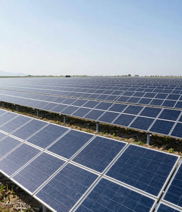 A wide-angle, cinematic shot of a modern solar farm. Thousands of panels in Steel Blue reflect a clear Pearl White sun. The composition is clean and symmetrical, emphasizing the forward-thinking nature of XiroSolar and sustainable energy infrastructure.