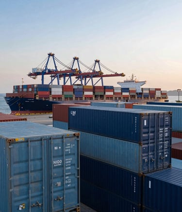 A high-end professional photograph of a massive international shipping port at dawn. Large steel shipping containers in Steel Blue and Dark Slate Navy are stacked precisely. A cargo ship is docked in the background under a soft Pearl White and Sky Blue sky, conveying global reach and industrial reliability.