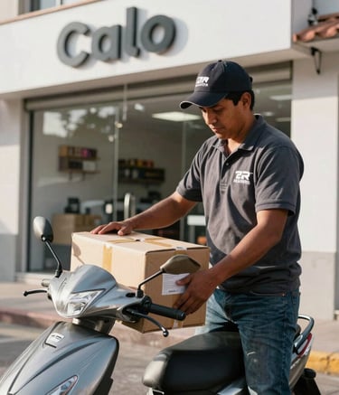 Professional photography of a South American delivery person in Cali, Colombia, loading a secure package onto a motor scooter in front of a clean, modern storefront. Bright morning light, sharp focus, professional demeanor.