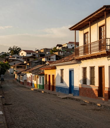 Warm, high-quality photography of a neighborhood street in Cali, Colombia, showcasing the community atmosphere of El Diamante. Soft golden hour lighting illuminating traditional South American residential architecture.