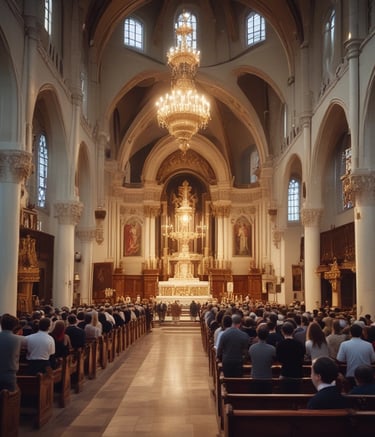 A group of people praying together in a sunlit church