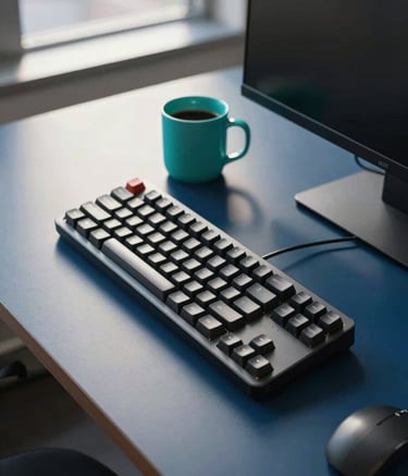 A high-angle photography shot of a professional workstation in a modern North American / US tech office. A sleek mechanical keyboard sits on a deep space blue desk next to a bright aqua teal coffee mug, illuminated by natural afternoon light from a window.