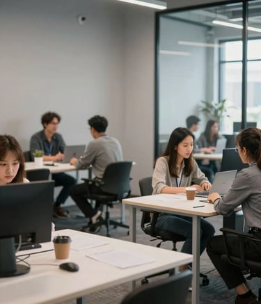 Photography of a modern North American / US co-working space. The environment is collaborative with soft cloud gray walls and glass partitions. Professionals are blurred in the background, with a clean, tech-savvy focus on the foreground.