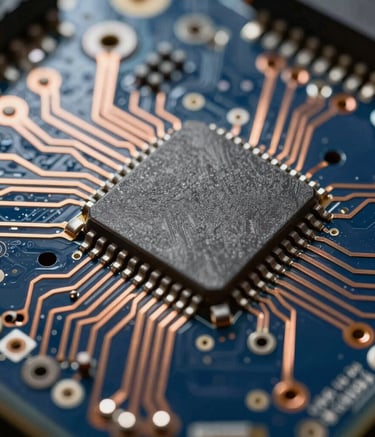 A detailed macro photograph focusing on the high-density interconnect features and copper traces of a sophisticated circuit board. The lighting is precise, highlighting metallic textures against a navy blue background in a professional North American tech setting.