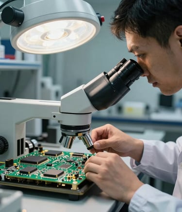 Close-up photography of a professional engineer in a North American cleanroom laboratory environment, examining a complex green and gold circuit board under a microscope with professional sterile lighting.