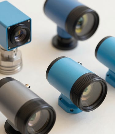 A close-up photograph of high-tech plumbing equipment and inspection cameras on a clean surface. The lighting is bright and professional, featuring accents of muted steel blue and soft sky blue against a clean off-white background, conveying technical expertise and modern reliability.