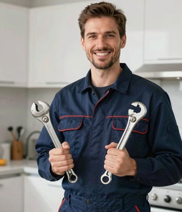 A professional plumber wearing a deep midnight blue uniform, holding professional tools and smiling confidently. He is standing in a clean, modern kitchen environment with bright, natural lighting. The atmosphere is professional and trustworthy.