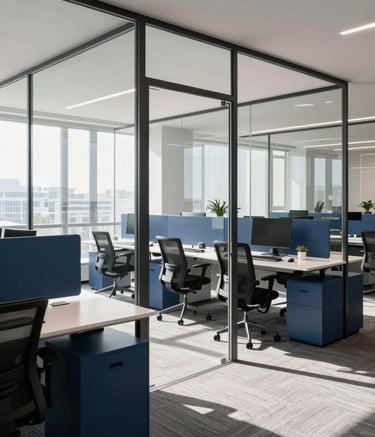 A wide shot of a contemporary, high-tech co-working space in the US, featuring clean glass partitions and ergonomic furniture. The lighting is bright and natural, reflecting off polished surfaces in shades of navy blue and white.