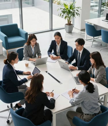 A high-angle photography shot of a diverse group of focused professionals collaborating around a large, sleek white table in a sunlit, modern glass office. Global / International context, clean and airy composition with deep blue and teal accents in the modern furniture.
