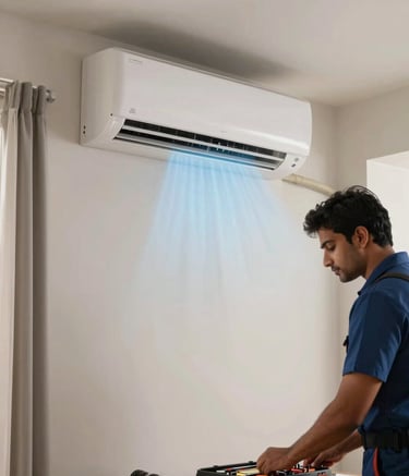 Interior shot of a clean, modern South Asian living room where a split AC unit is blowing cool air. A technician is seen from a distance tidying up his toolkit, showcasing a completed, professional service job.