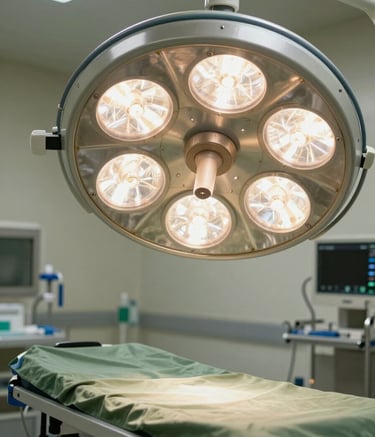 A close-up, high-detail photograph of a premium stainless steel surgical OT light and operating table. The setting is a pristine, modern South Asian / Indian hospital theater. The color palette features muted olive green textiles and polished ivory cream surfaces.