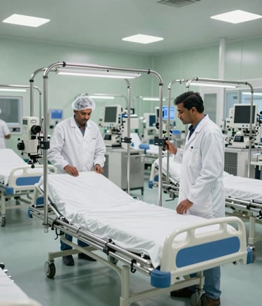 A wide-angle professional photograph of a modern medical equipment manufacturing facility. South Asian / Indian engineers in sterile white coats are inspecting high-grade stainless steel hospital beds. The lighting is bright and industrial, with accents of soft sage green in the cleanroom environment.