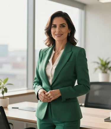 A professional Mexican entrepreneur in her late 30s standing in a bright, modern office with large windows. She wears elegant business attire and has a confident, warm expression. Soft morning light, professional atmosphere, elegant green and off-white tones.