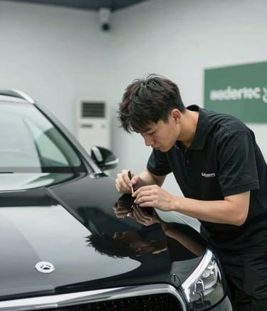 A clean, high-end car body shop in London. A technician is meticulously inspecting a polished black Mercedes. The environment is professional, bright, and organized, reflecting premium service. Colors include #1D4C44 and #EDF3F1.