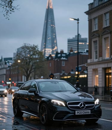 A luxury black Mercedes-Benz driving through a London street with the Shard in the background during a rainy evening. The lighting is cinematic, highlighting the car's sleek lines and the professional aura of PCO Claims. Incorporates #0A1F1C.