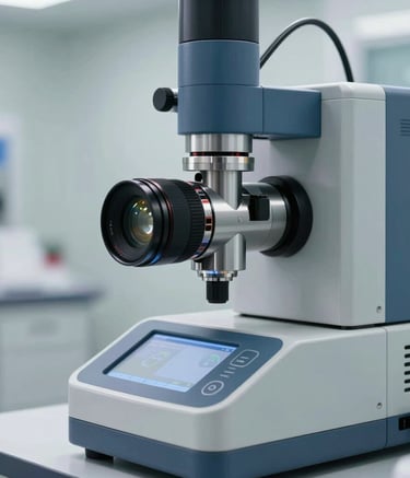 A close-up photograph of high-precision diagnostic lab equipment, focusing on the sleek interface and steel blue metallic housing, in a bright, modern North American medical facility.