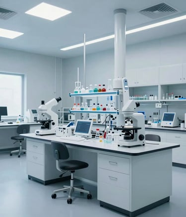 A wide-angle professional photograph of a futuristic biotechnology research lab in the US, featuring clean surfaces and natural lighting with soft white and light blue color palettes.