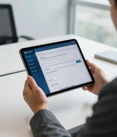 A professional in a modern South American / Brazilian government office setting, holding a sleek digital tablet displaying a clean dashboard interface, deep ocean blue and dark slate grey attire, bright natural light, high-quality professional photography.