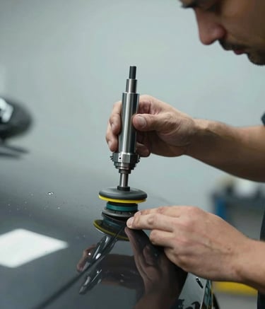 A focused close-up of a skilled technician in a North American workshop using a high-precision buffer on a dark car panel. The scene highlights craftsmanship and attention to detail. Soft lighting reflects off a light gray and muted blue background.