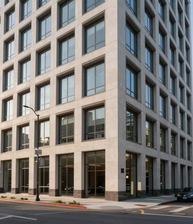 A professional exterior shot of a modern urban commercial building in North America under soft morning light, emphasizing clean lines and sophisticated architecture.