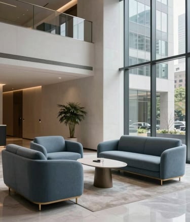 A sleek, modern lobby of a high-end corporate building in a North American city, featuring minimalist furniture in muted blue and light grey tones, with soft natural lighting streaming through large glass windows.
