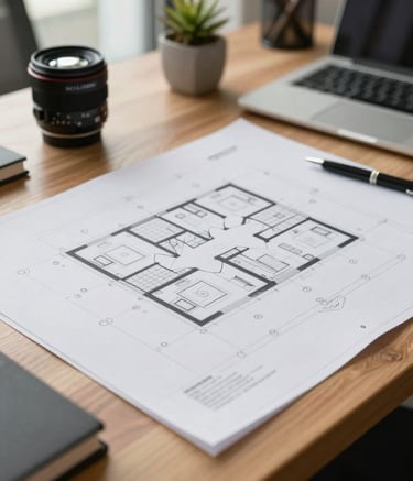 A detailed close-up shot of professional architectural plans laid out on a clean wooden desk in a bright North American office environment, showcasing high-end stationery and an organized workspace.