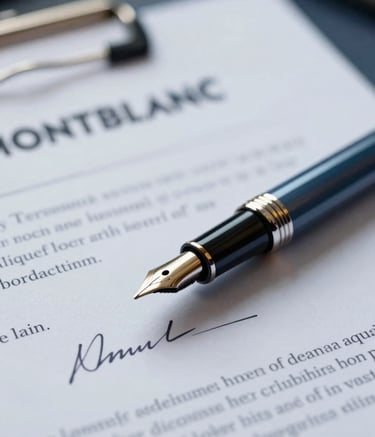 A close-up, high-detail photograph of a Montblanc-style pen resting on a signed legal document, symbolizing corporate law and holding agreements. The scene is lit with cool, professional light, incorporating shadows and highlights that reflect the brand colors #2C3E50 and #AAB7B8.