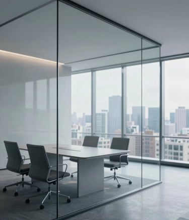 A wide-angle shot of a modern, minimalist glass boardroom in a skyscraper, overlooking a cityscape. The interior features sleek furniture in #5D6D7E and #2C3E50 tones, with natural light pouring in to create a trustworthy and transparent atmosphere.