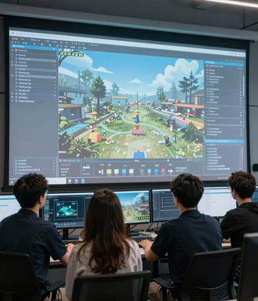 A collaborative scene of a professional game development team in an International / Global high-tech studio. They are looking at a large screen displaying game level designs, illuminated by bright sky blue and soft mist grey lights, projecting a sophisticated and innovative atmosphere.