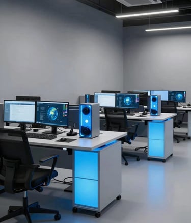 A wide-angle professional photograph of a modern International / Global game studio. The space is clean and innovative with soft mist grey walls and workstations featuring bright sky blue glowing equipment, reflecting a high-end publishing environment.