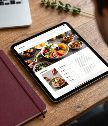 A flat lay of a digital marketing planning session on a wooden table. Elements include a deep crimson notebook, a tablet showing a social media feed with vibrant food shots, and a small sprig of fresh herbs for an organic touch. Professional and innovative mood.