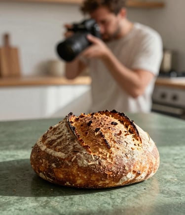 A professional photographer from the agency capturing a close-up shot of a rustic, artisanal sourdough loaf on a matte forest green table in a sunlit Scandinavian-style kitchen. The lighting is warm and natural, incorporating the brand's sophisticated and approachable warmth.