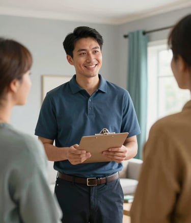 A professional and warm interior scene in a North American / US setting where a housing manager is speaking with a resident. They are in a bright common room with light grey walls and teal accents, holding a clipboard, conveying reliability and professional support.