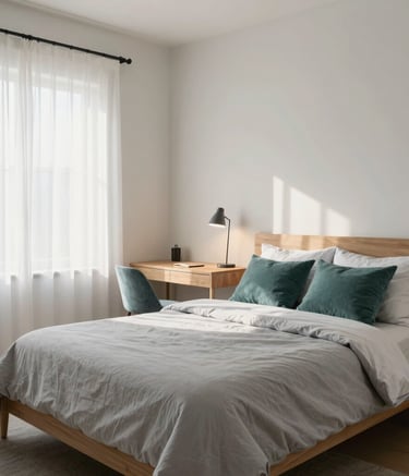 A clean and modern move-in ready bedroom in a North American / US home, featuring a neatly made bed with light grey linens, a minimalist wooden desk with a lamp, and soft sunlight filtering through white curtains. The room is decorated in a palette of off-white and muted teal, projecting warmth and efficiency.