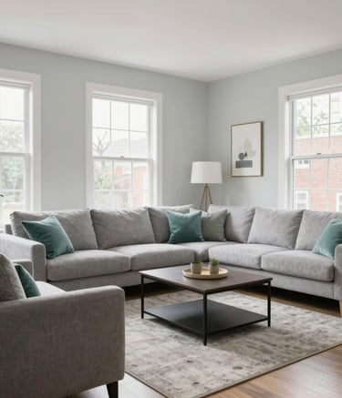 A bright and airy Maryland living room, fully furnished with contemporary furniture in light grey and muted teal. The space is immaculately clean with large windows letting in natural light, showcasing a professional and modern co-living environment.