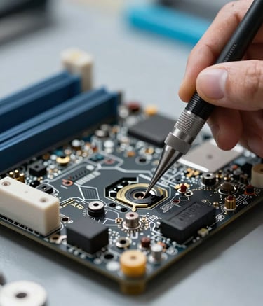 A macro photograph of a computer motherboard being carefully repaired with high-precision tools in a European workshop. The lighting is focused and clean, highlighting technical expertise. The background includes soft grey and light blue hues.