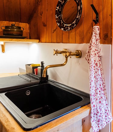 Rustic kitchen with a black granite sink, vintage brass faucet, and wood paneling walls.