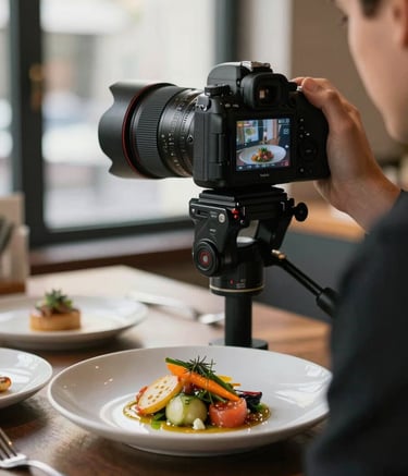 A close-up, professional photography shot of a content creator in a North American / Western European artisanal restaurant, using a DSLR camera on a tripod to photograph a gourmet vegetable dish. Soft, natural light from a window highlights the textures of the food and the professional equipment.