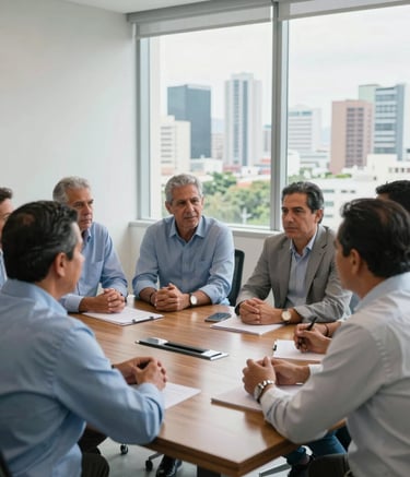 A group of professional South American / Colombian leaders engaging in a constructive discussion around a wooden table in a brightly lit, modern office in Barranquilla. They are wearing business casual attire in muted slate blue and pale mist grey. Large windows in the background show the urban skyline of a South American / Colombian city.