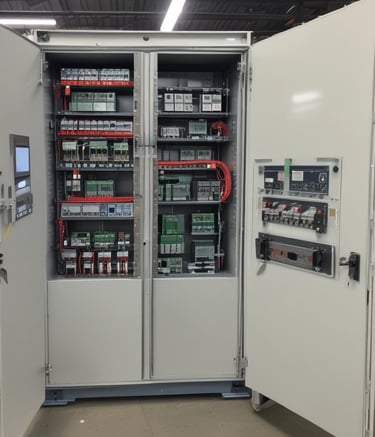 a large industrial steel cabinet with a large amount of electrical equipment